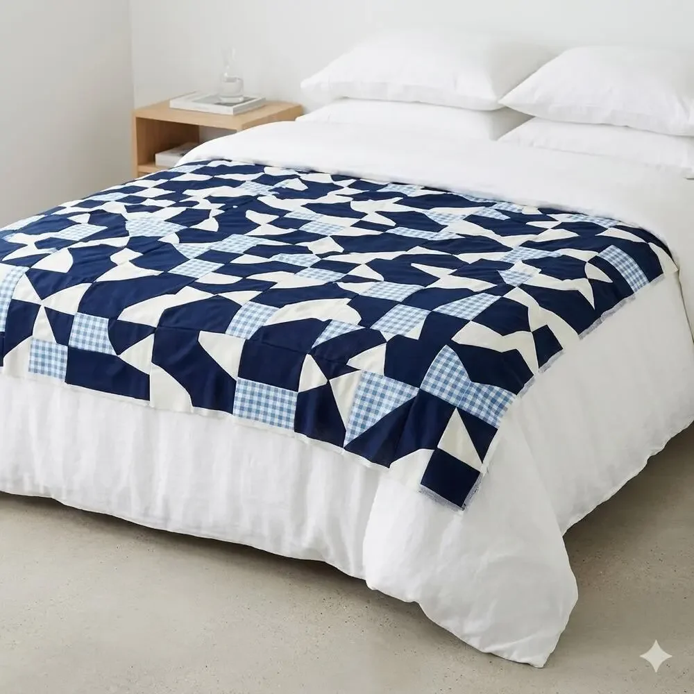 Unfinished Polyester Patchwork Quilt topper Black Blue White Gingham Project